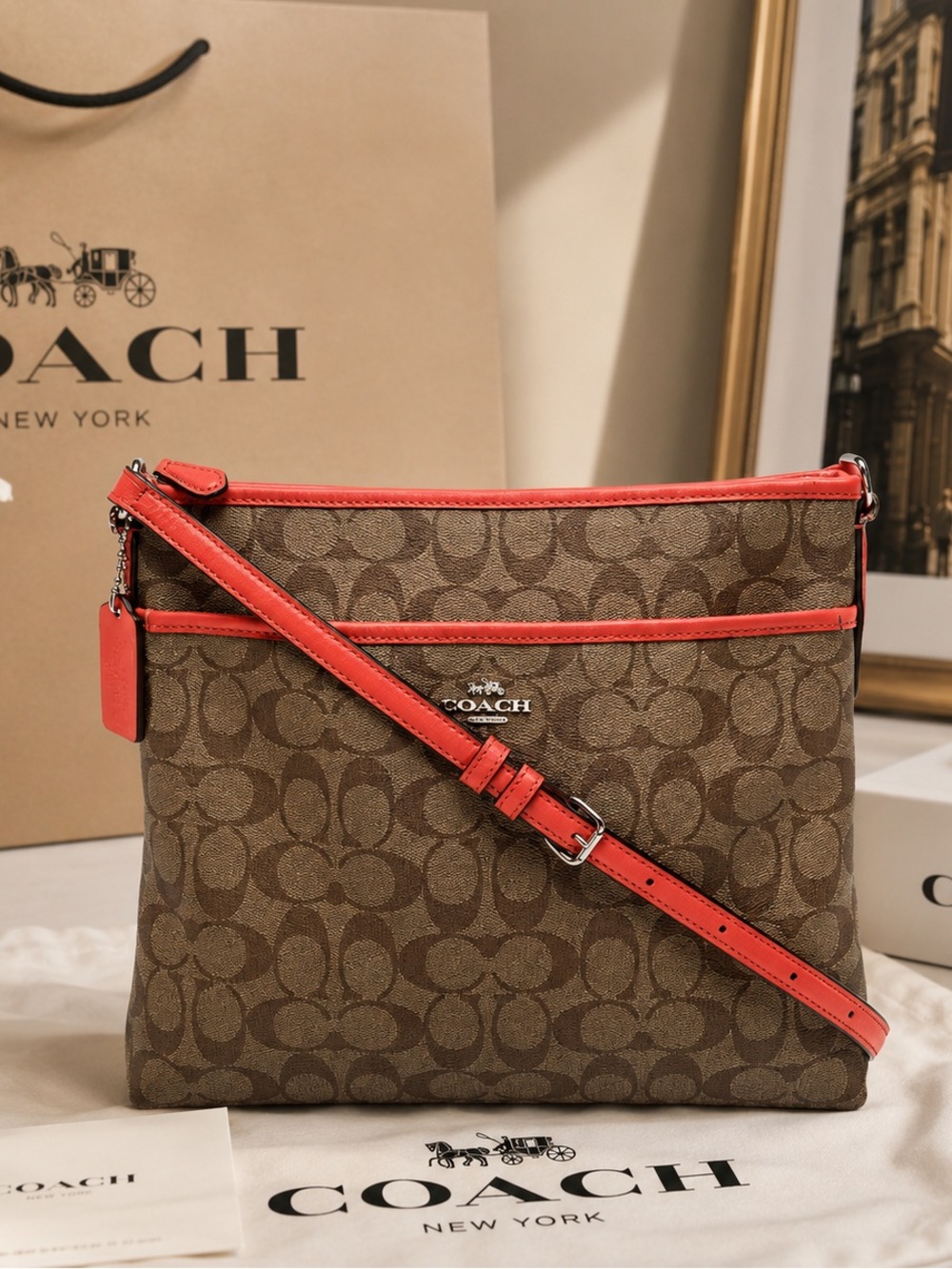 Coach Signature Monogram File Crossbody Bag Brown Orange F58297